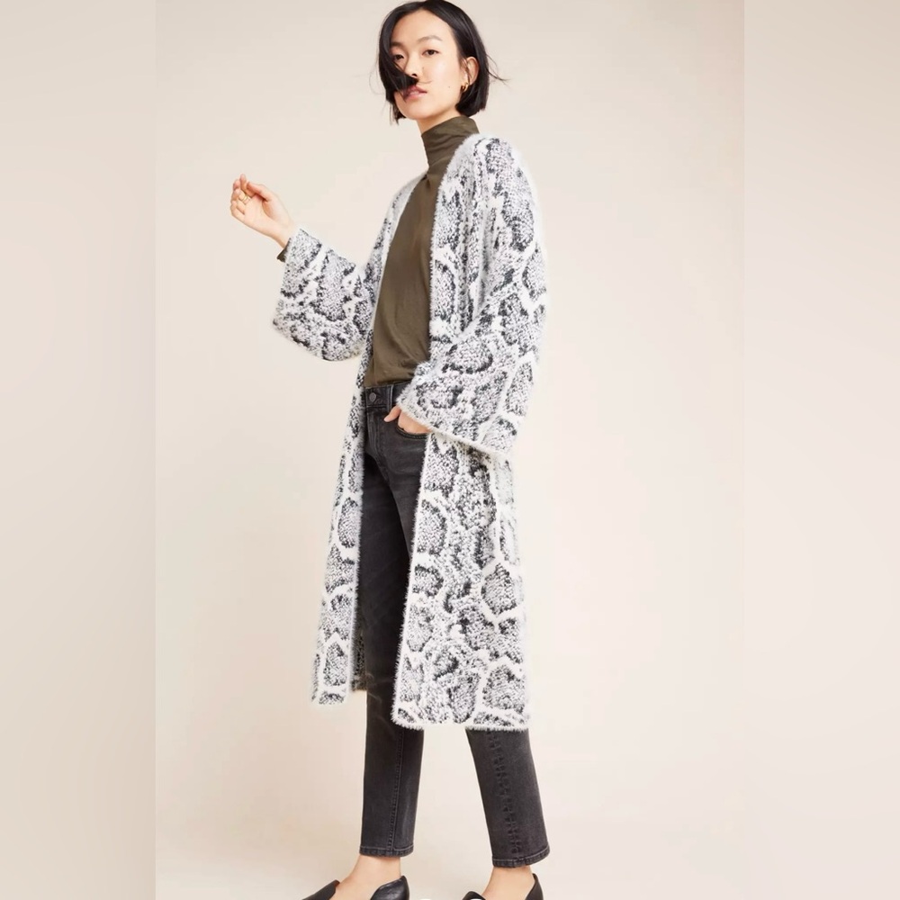Anthropologie Sigrid Duster Black & White Animal Print Eyelash Sweater Kimono